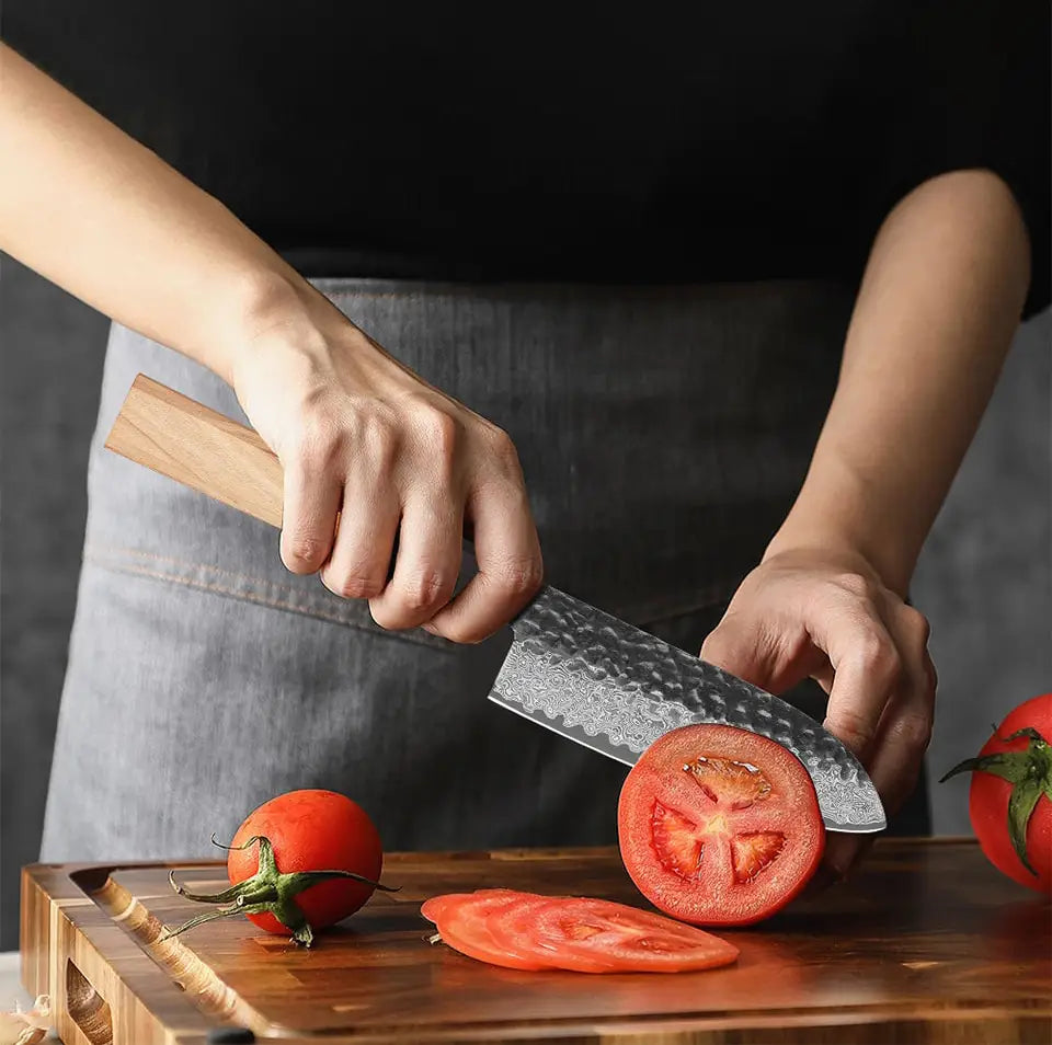 Couteau japonais Santoku en acier Damas - Manche en d'olivier