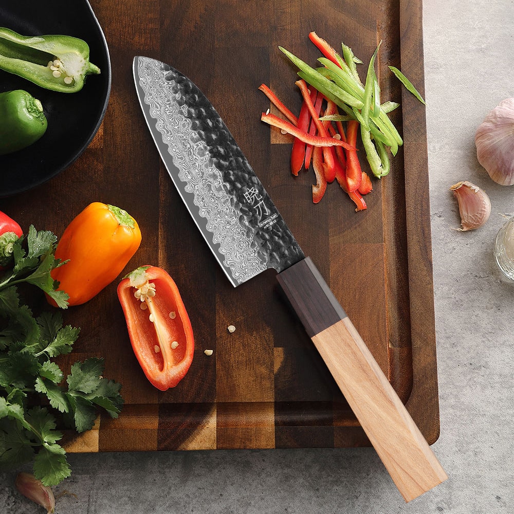 Couteau japonais Santoku en acier Damas - Manche en d'olivier