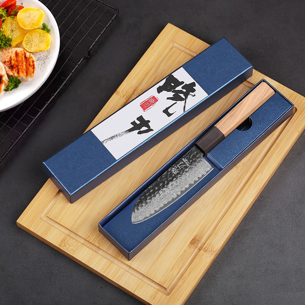 Couteau japonais Santoku en acier Damas - Manche en d'olivier