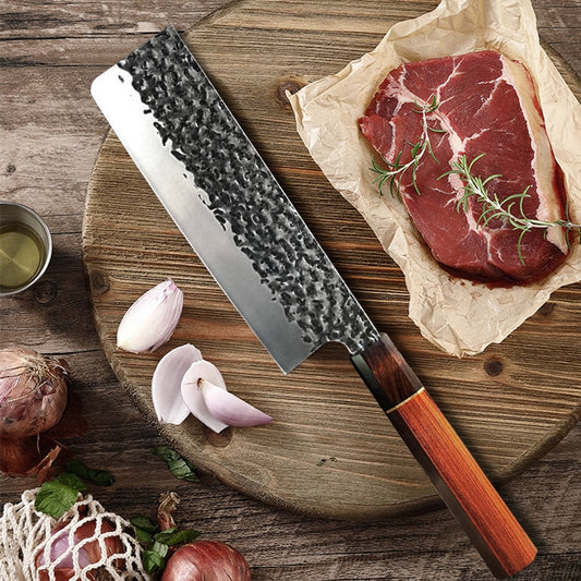 Set de trois couteaux japonais Santoku, Nakiri et Deba en acier damas