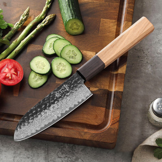 Couteau japonais Santoku en acier Damas - Manche en d'olivier